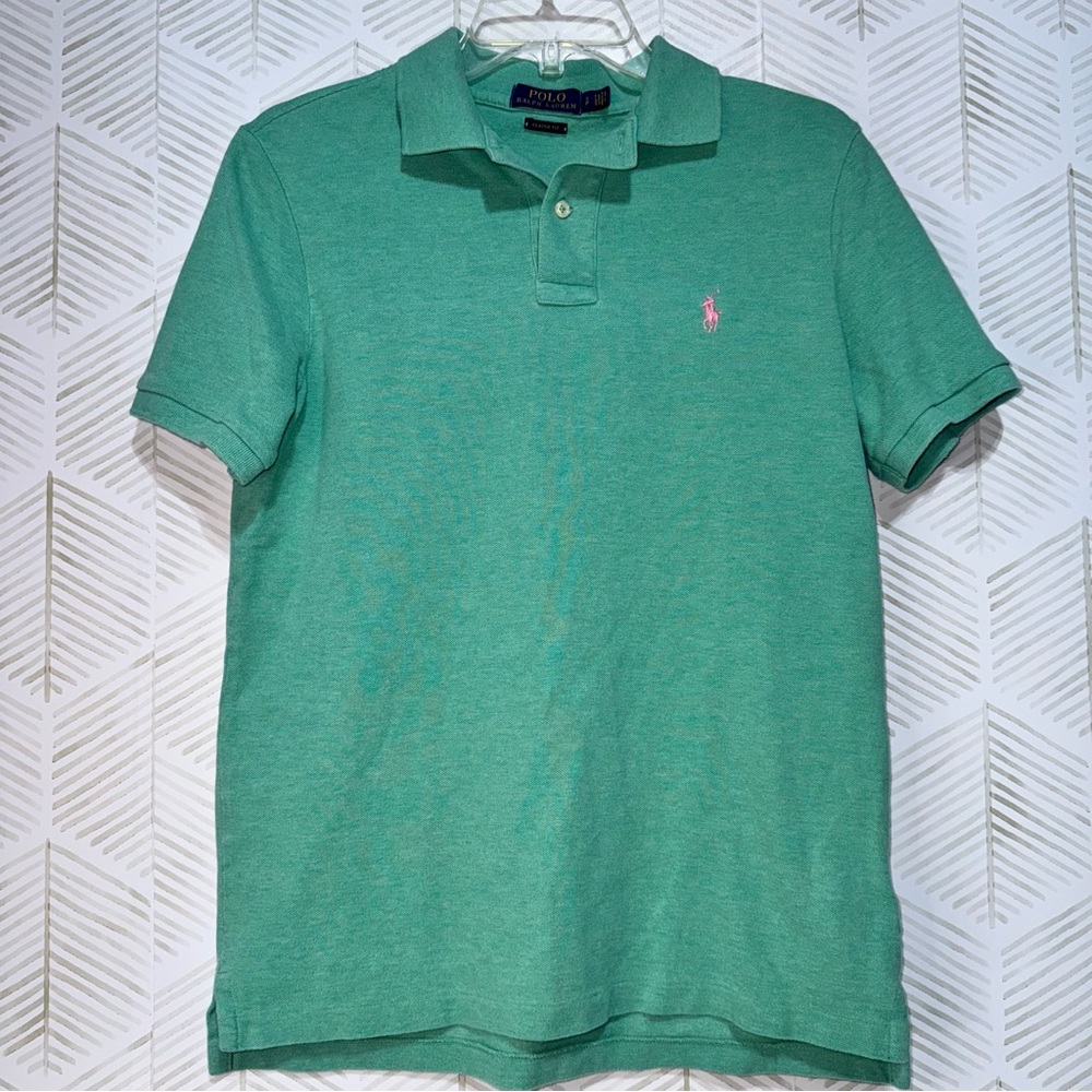 Polo Ralph Lauren Collared Short Sleeve Polo Green Pink Logo Preppy Size S P‎